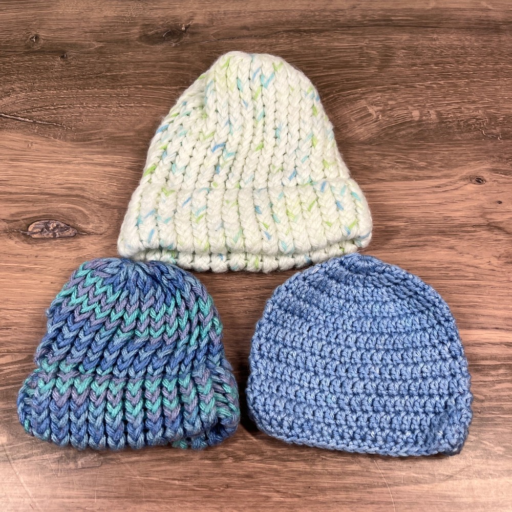 Handmade Beanie Set Baby Blue White Knit Crochet Winter Hats 3pk